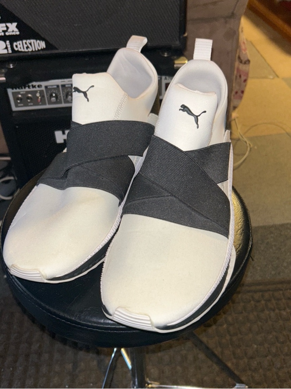 Puma Men’s White Slip-On Sneakers with Black Cross Straps